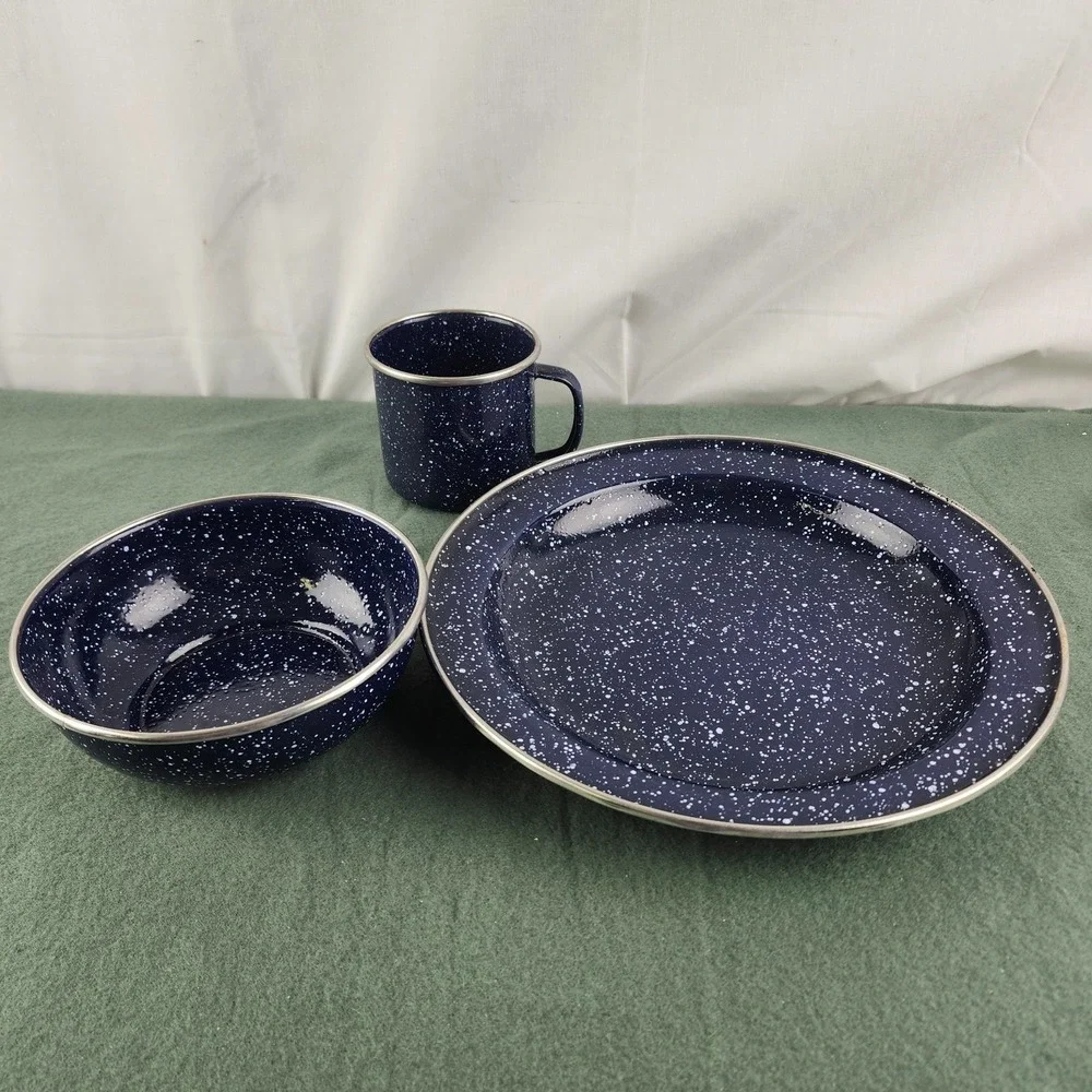 Vtg Dinnerware Set Includes 1 Cup 1 Bowl 1 Plate Enamelware Blue Camping Coleman